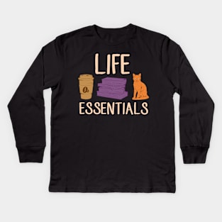 Cute Life Essentials Are Coffee, Books, and Cats Kids Long Sleeve T-Shirt